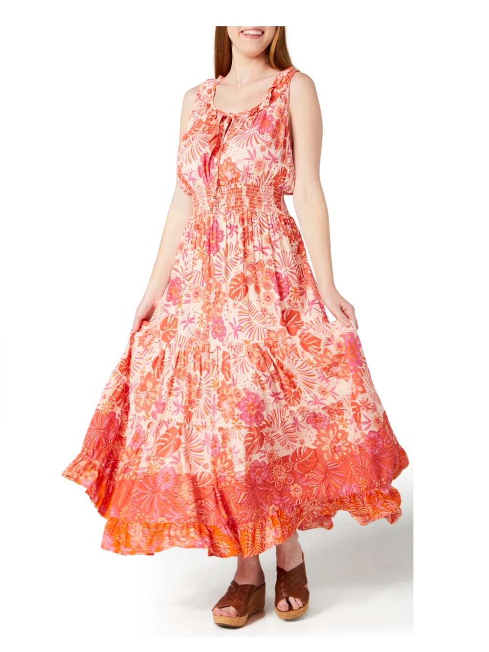 Sleeveless Pink & Orange Floral Maxi Dress by Sky and Sand